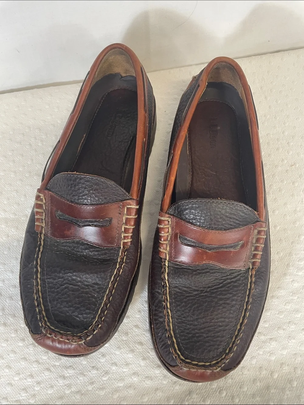 L.L. Bean Two-Tone Brown & Cognac pebbled Leather Penny Loafers - M10.5